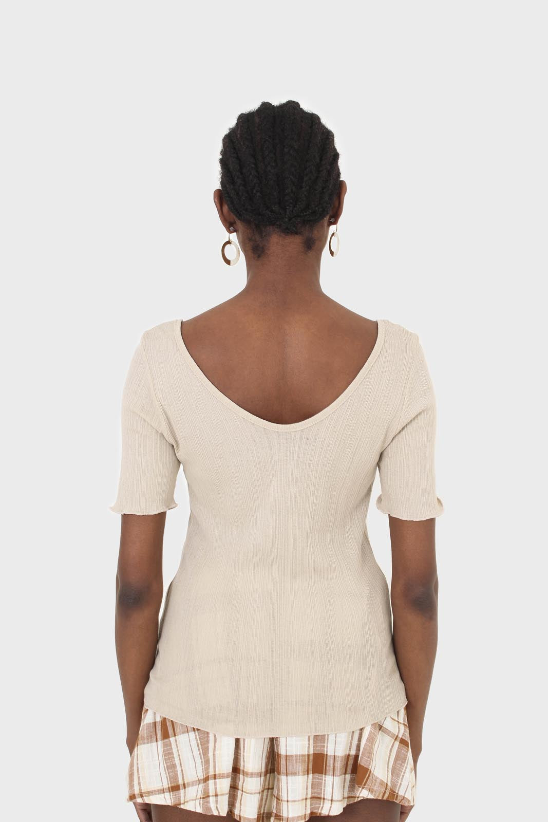 Beige double V-neck ribbed tee_2