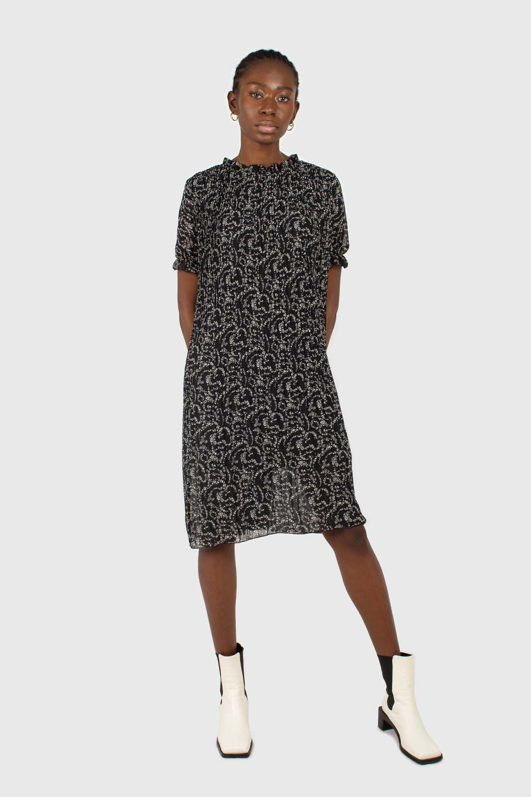 Black and white floral micro pleated belted dress_1