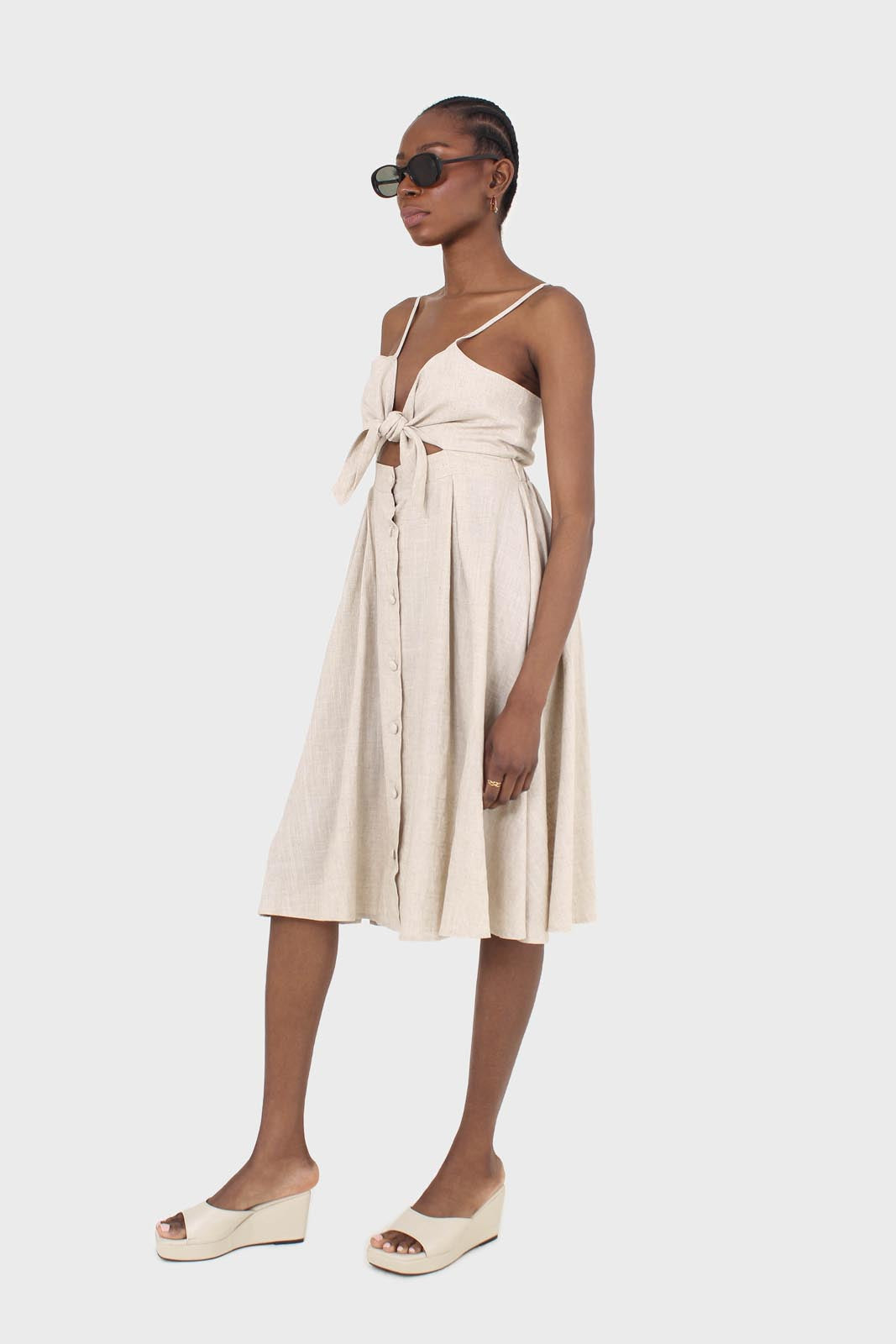 Oatmeal peek tie front linen dress_6