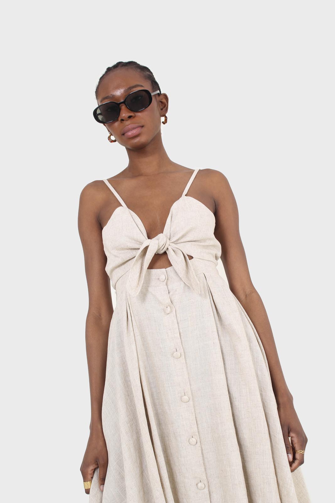 Oatmeal peek tie front linen dress_7