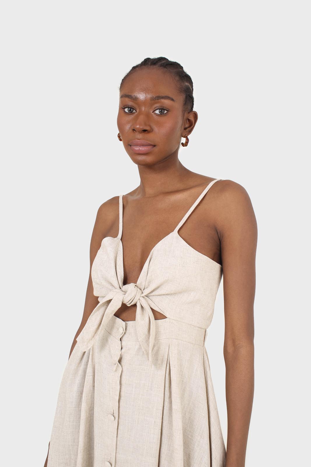 Oatmeal peek tie front linen dress_2