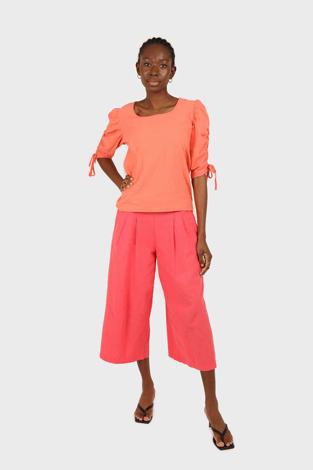 Orange pull string sleeve linen top_3