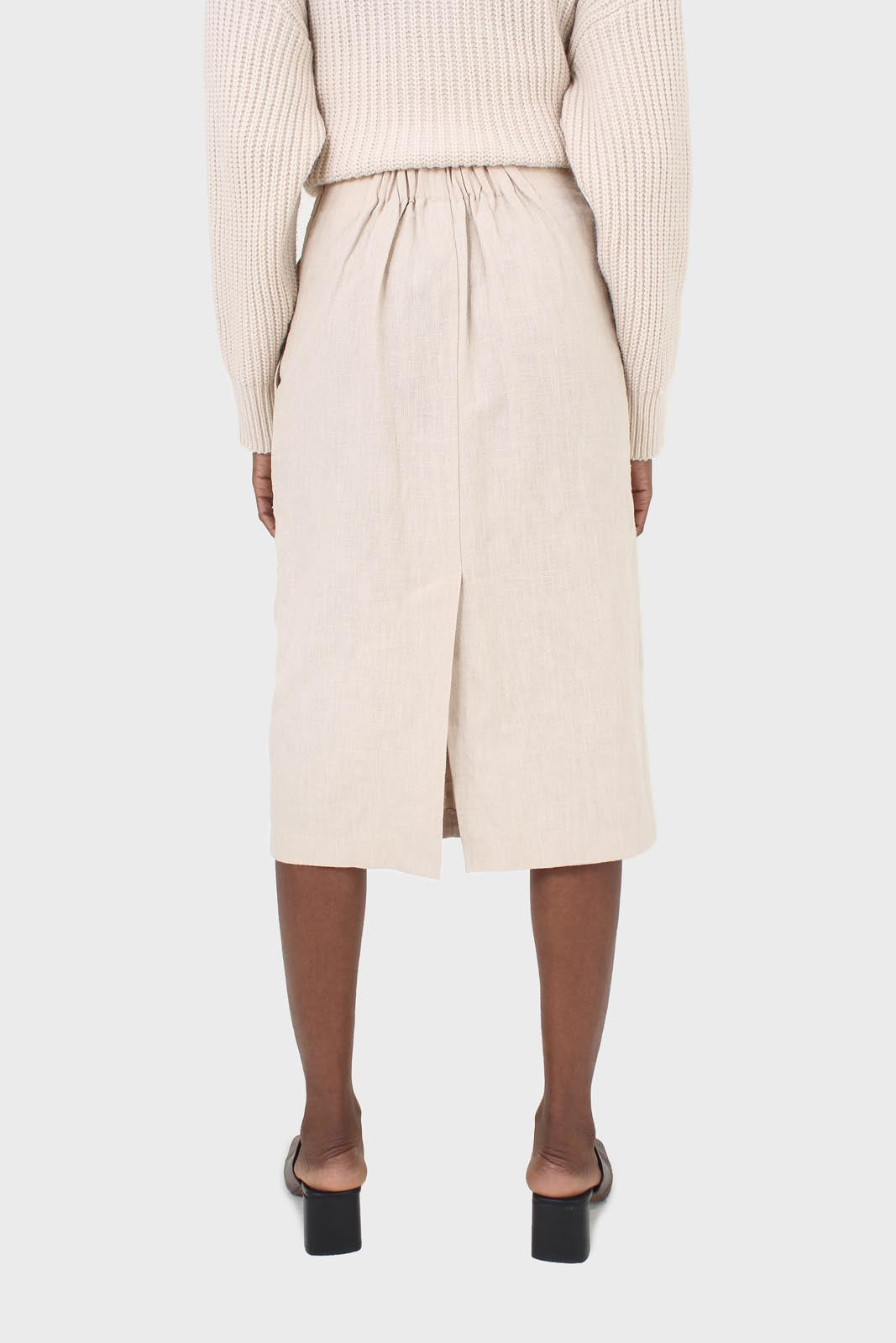 Beige patch pocket linen midi skirt_3