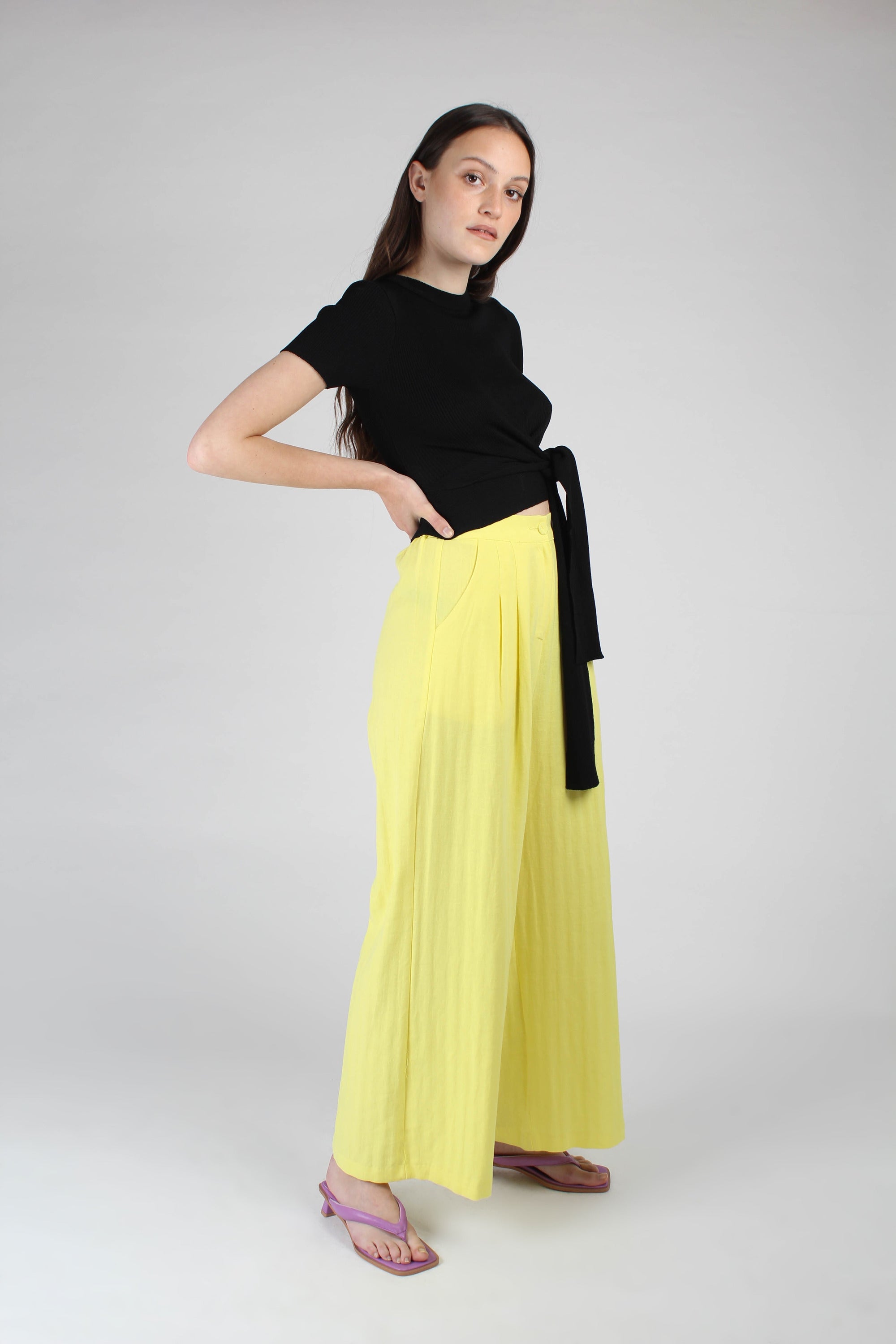 Bright yellow herringbone linen wide trousers_2