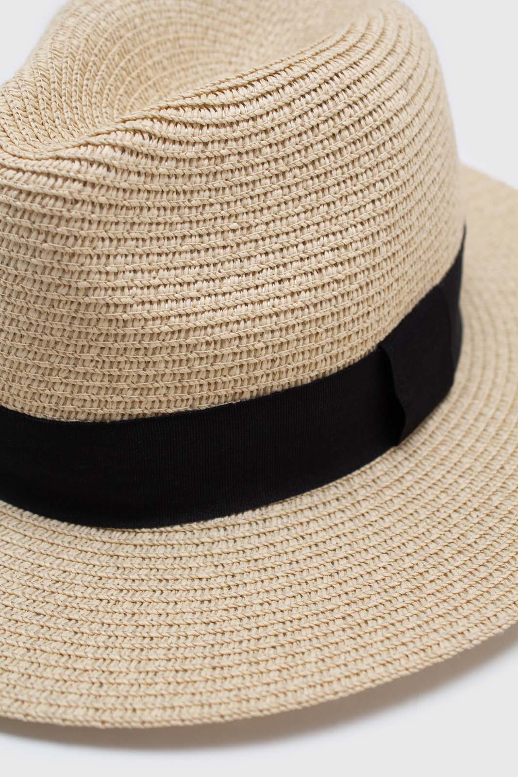 Light beige and black woven fedora hat_1
