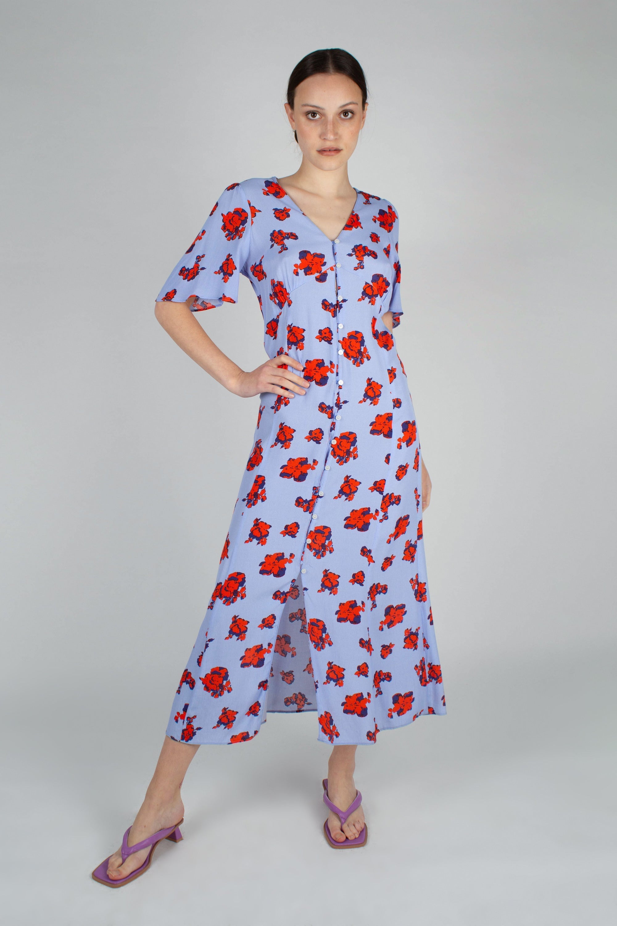 Pale blue and red floral print short sleeved maxi dress_7