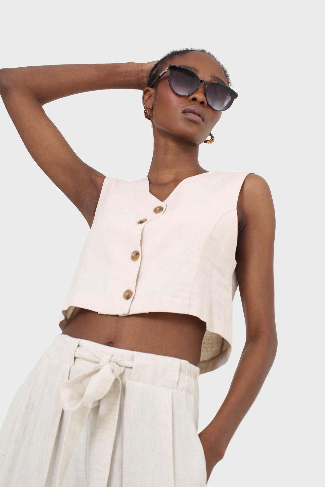 Beige button front linen vest_3