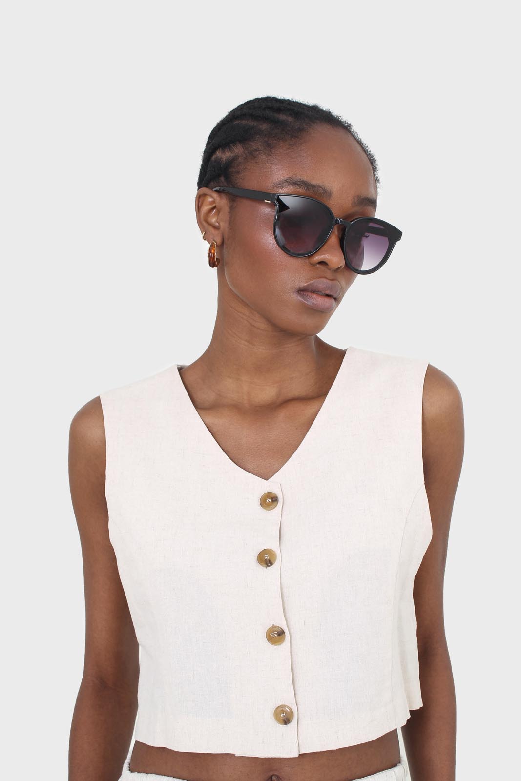 Beige button front linen vest_2