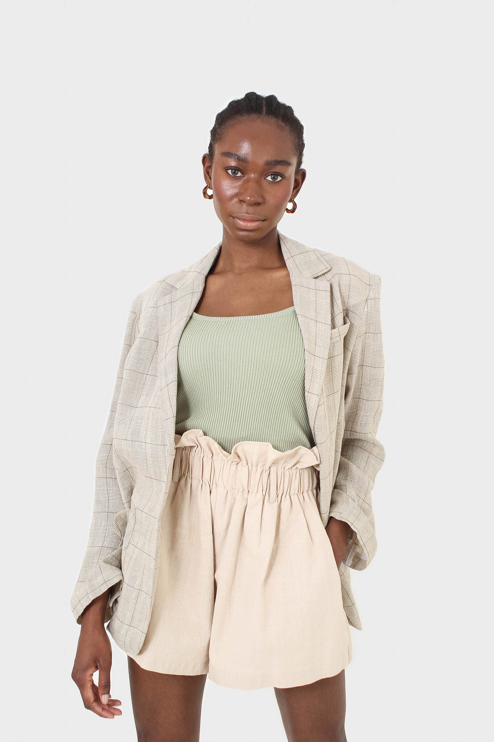 Pale khaki checked oversized linen blazer_4