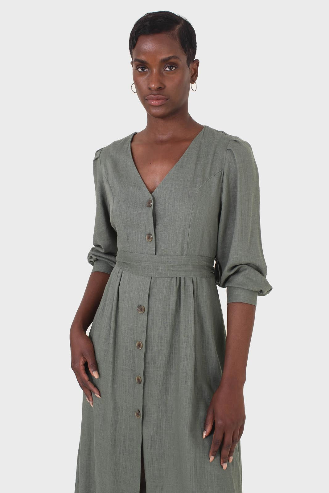 Khaki V-neck button front belted linen dress_12