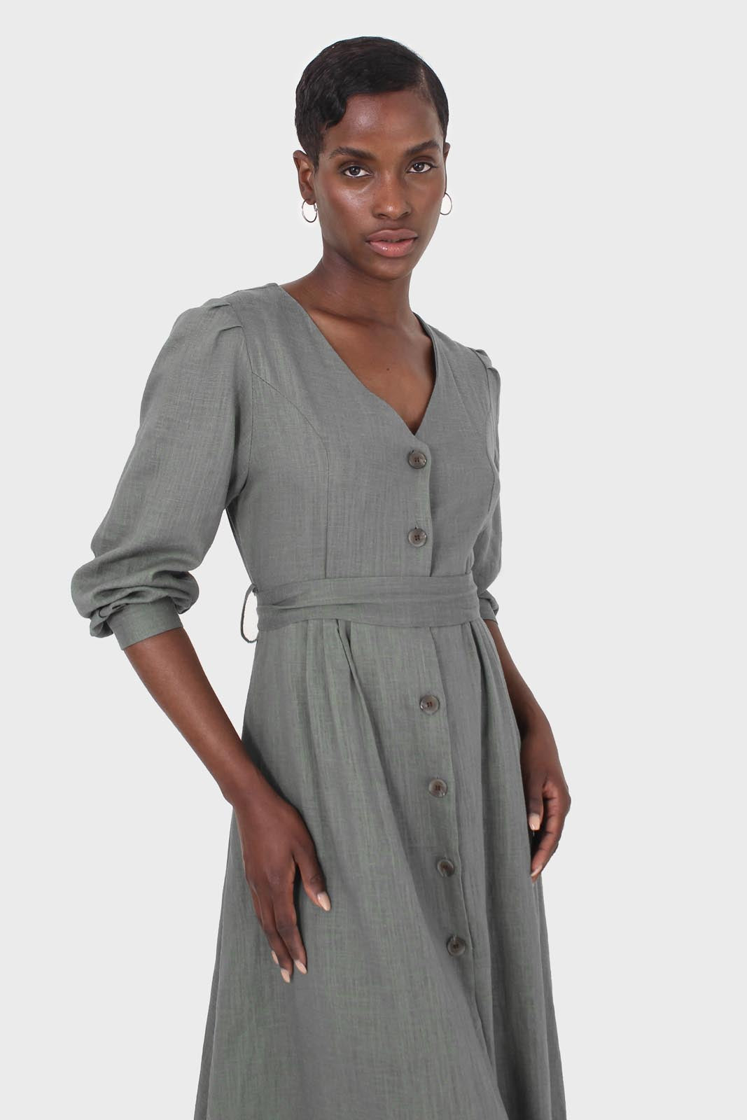 Khaki V-neck button front belted linen dress_6