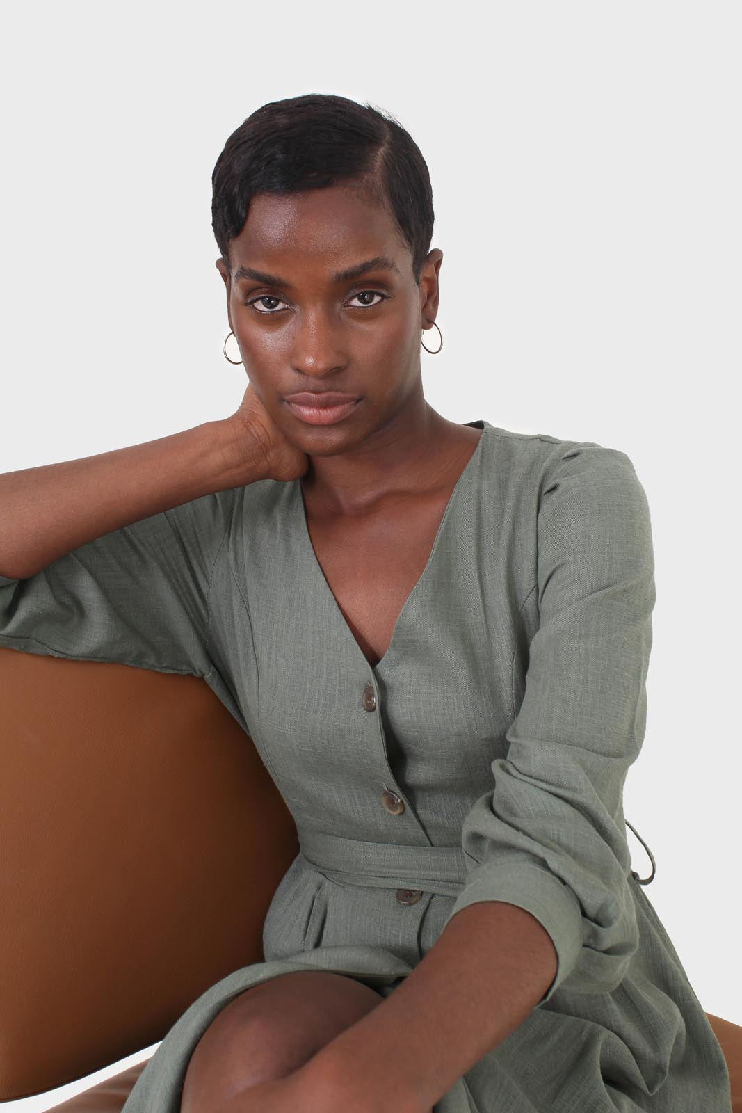 Khaki V-neck button front belted linen dress_14