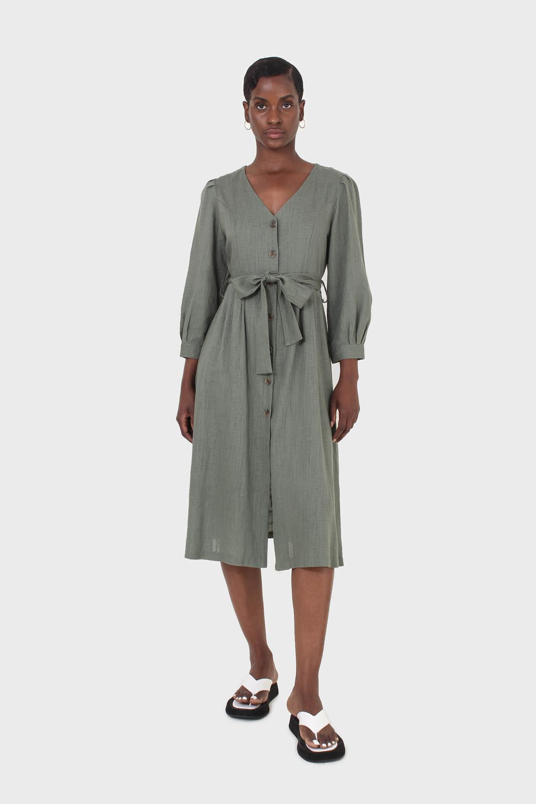 Khaki V-neck button front belted linen dress_1
