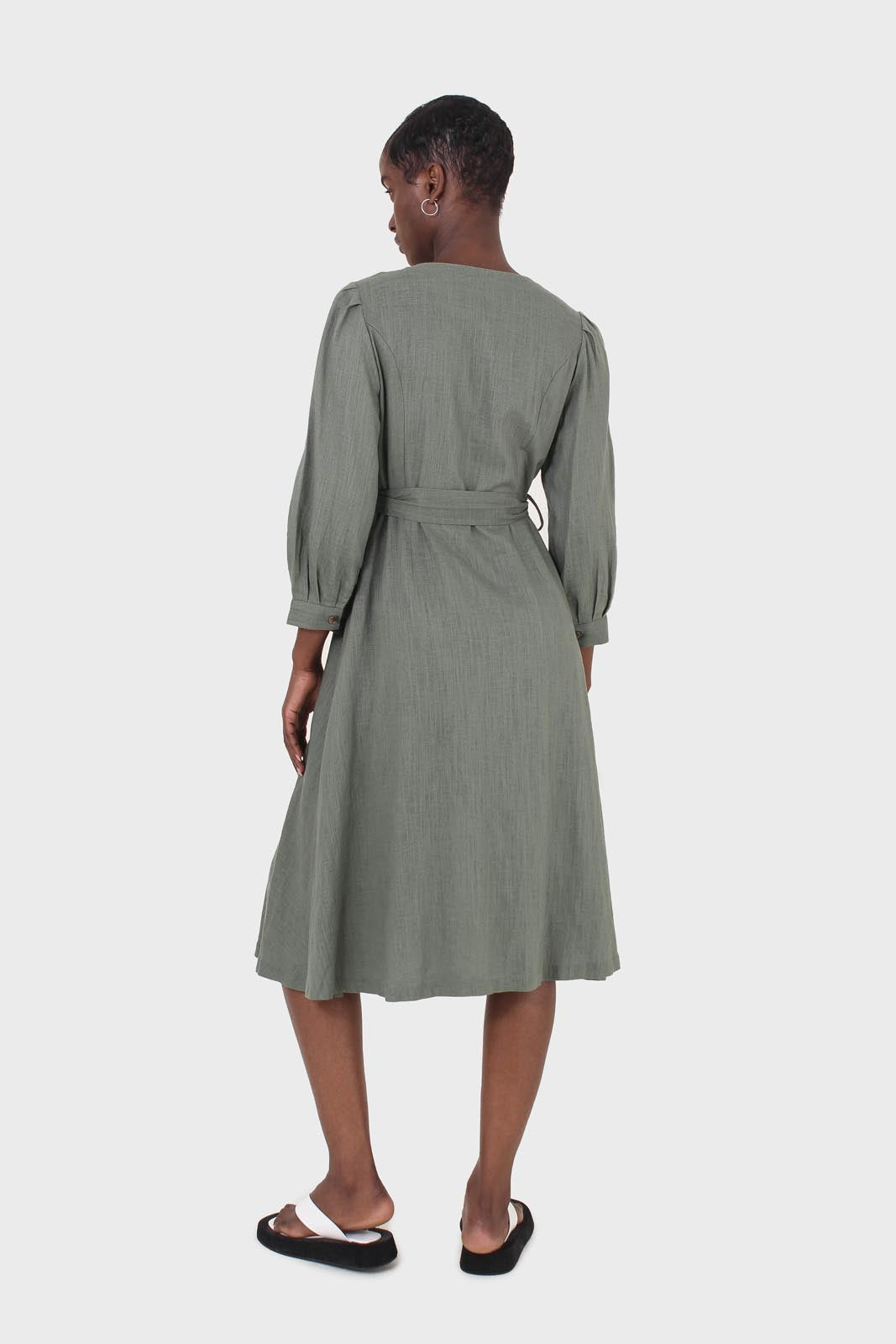 Khaki V-neck button front belted linen dress_2