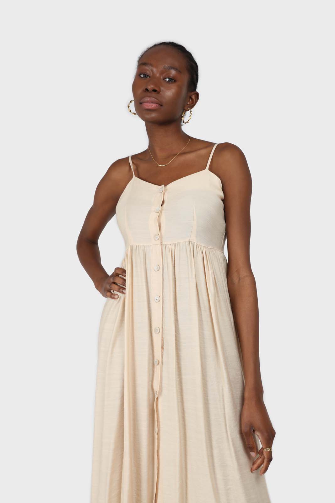 Beige button up thin strap dress_2