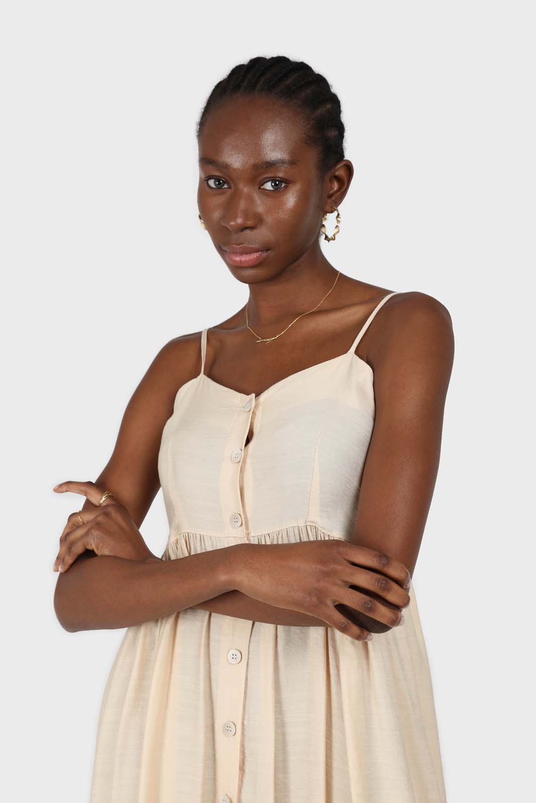 Beige button up thin strap dress_4