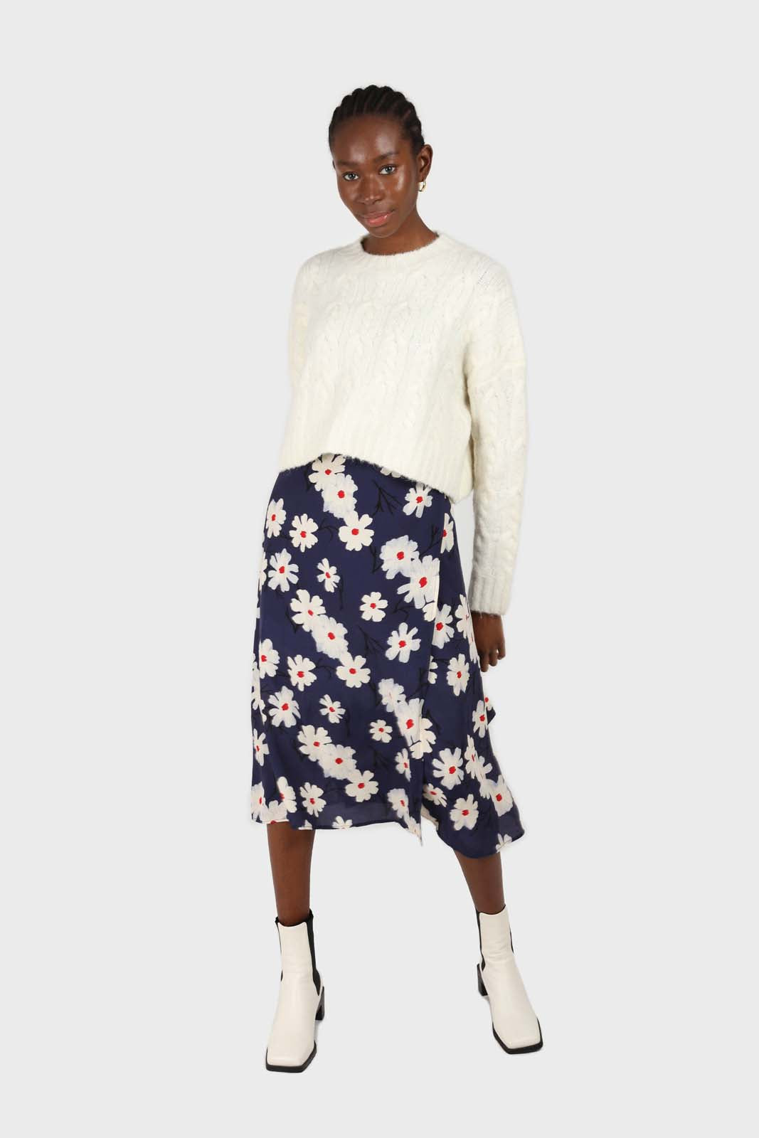 Bright blue and white floral wrap midi skirt_1
