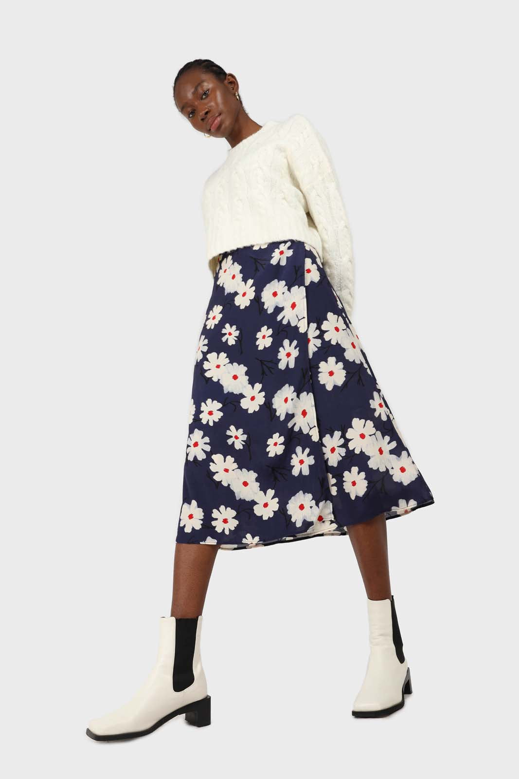 Bright blue and white floral wrap midi skirt_3