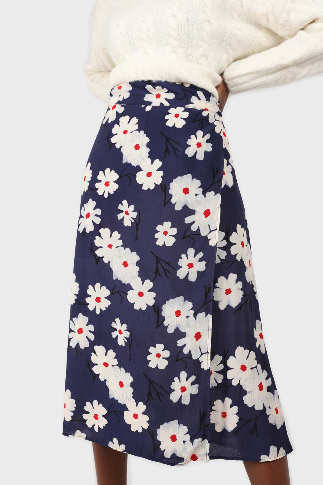 Bright blue and white floral wrap midi skirt_2