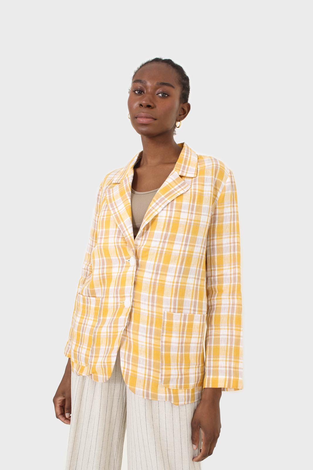 Yellow and brown checked linen blazer_1
