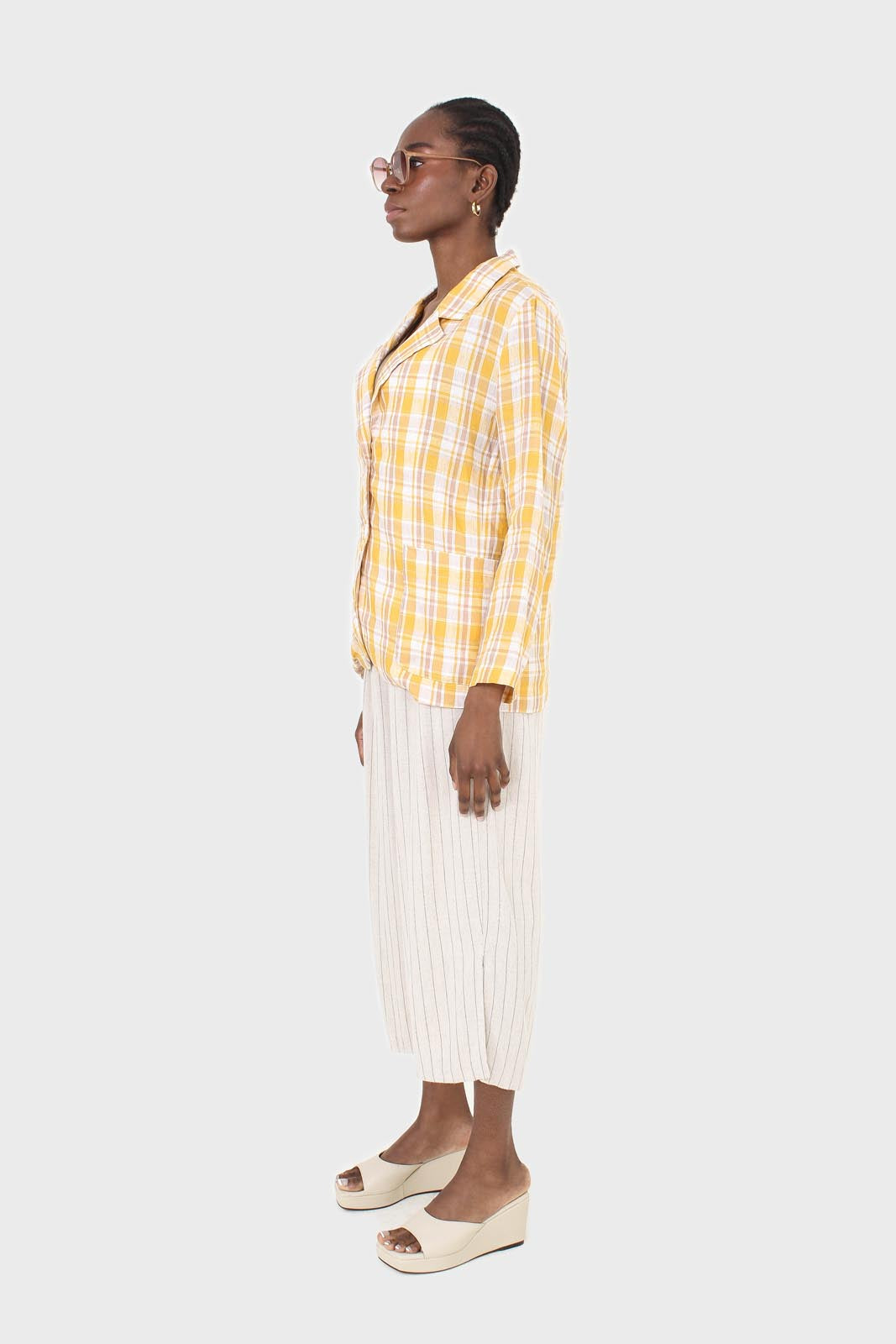 Yellow and brown checked linen blazer_5