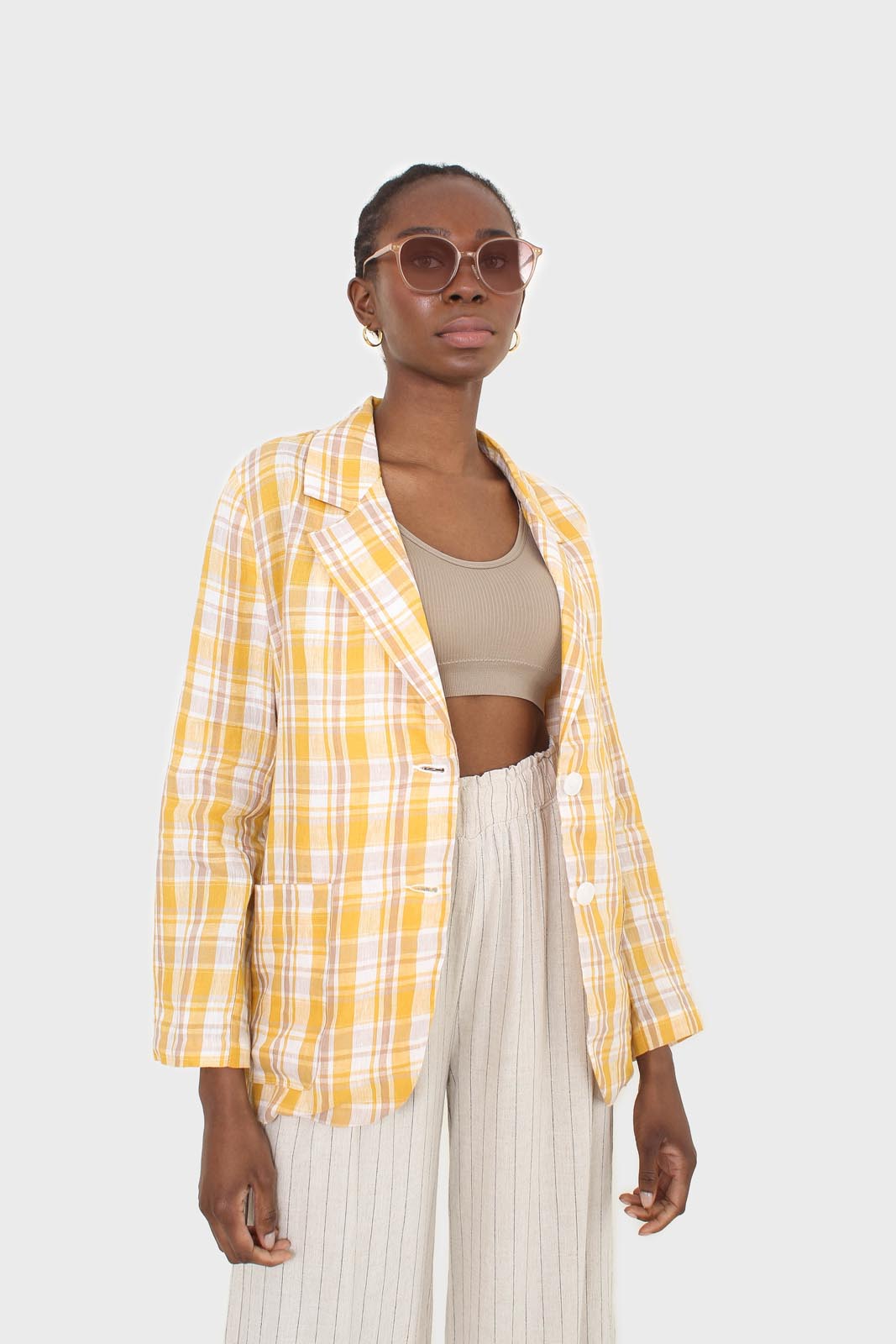 Yellow and brown checked linen blazer_6