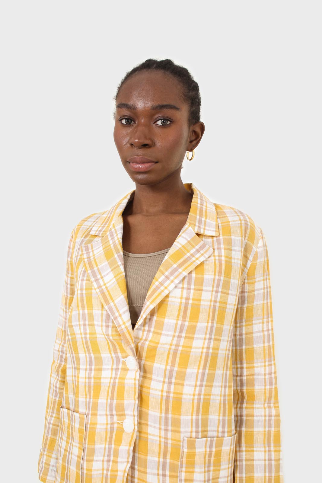 Yellow and brown checked linen blazer_9