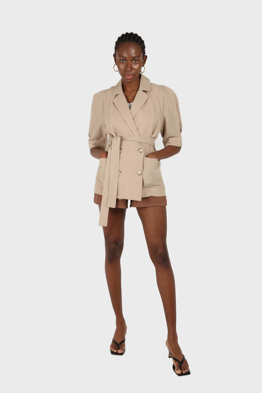 Beige double breasted short sleeved blazer_2