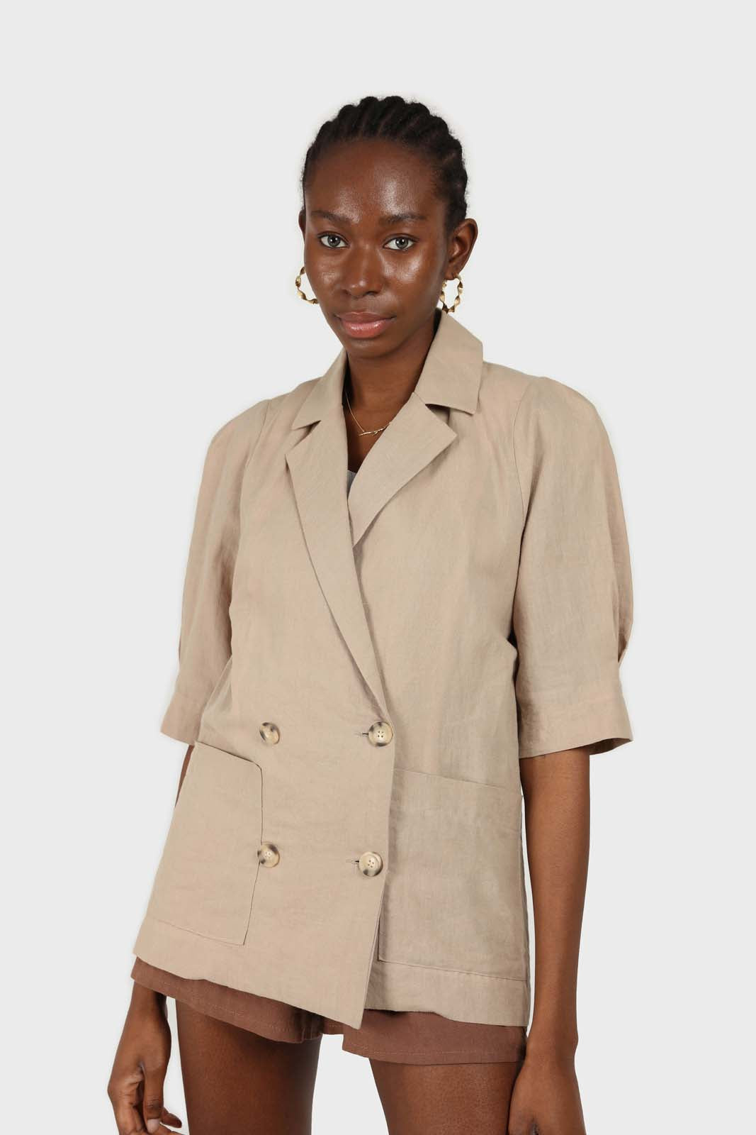 Beige double breasted short sleeved blazer_1