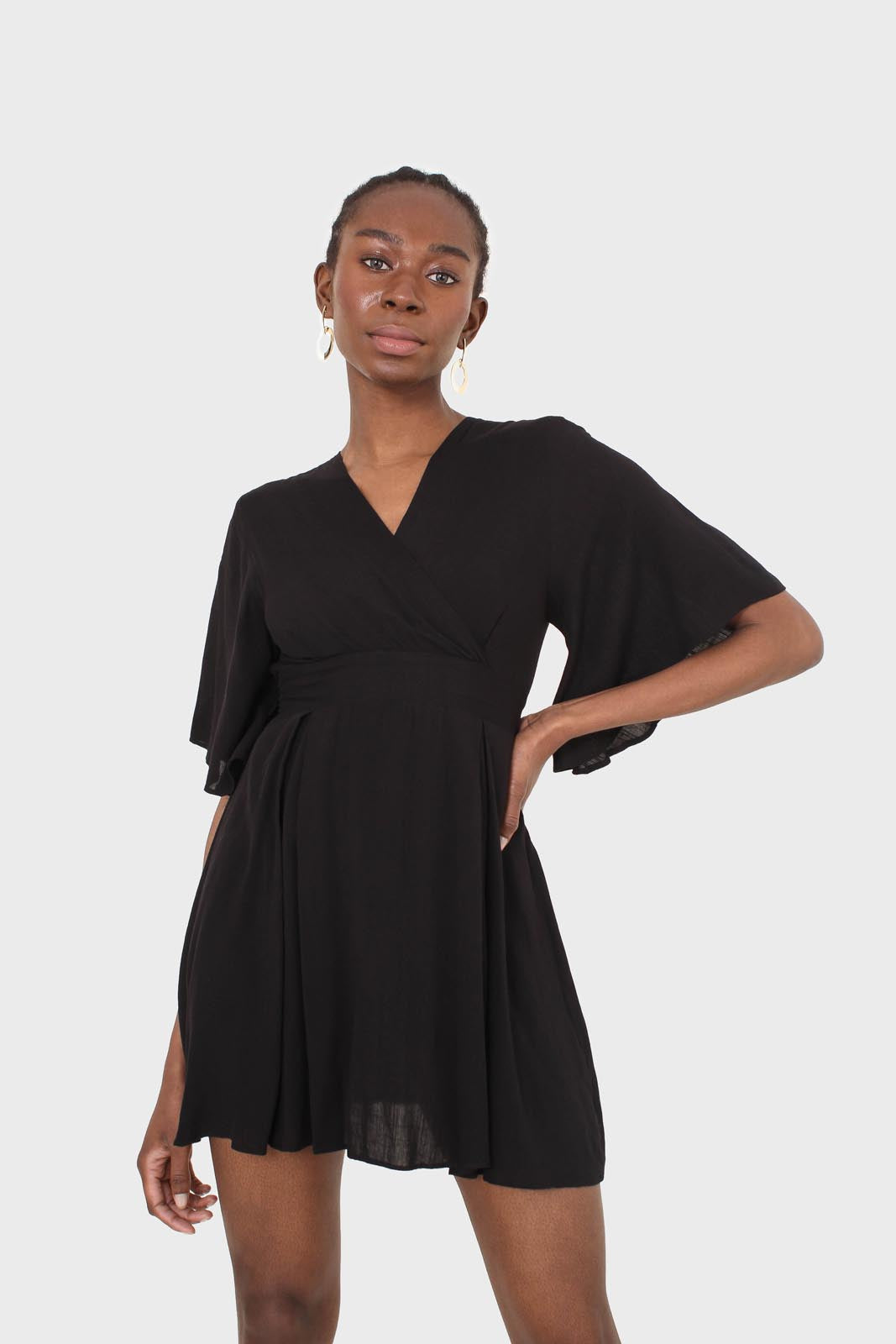 Black layered V-neck short sleeved dress_1