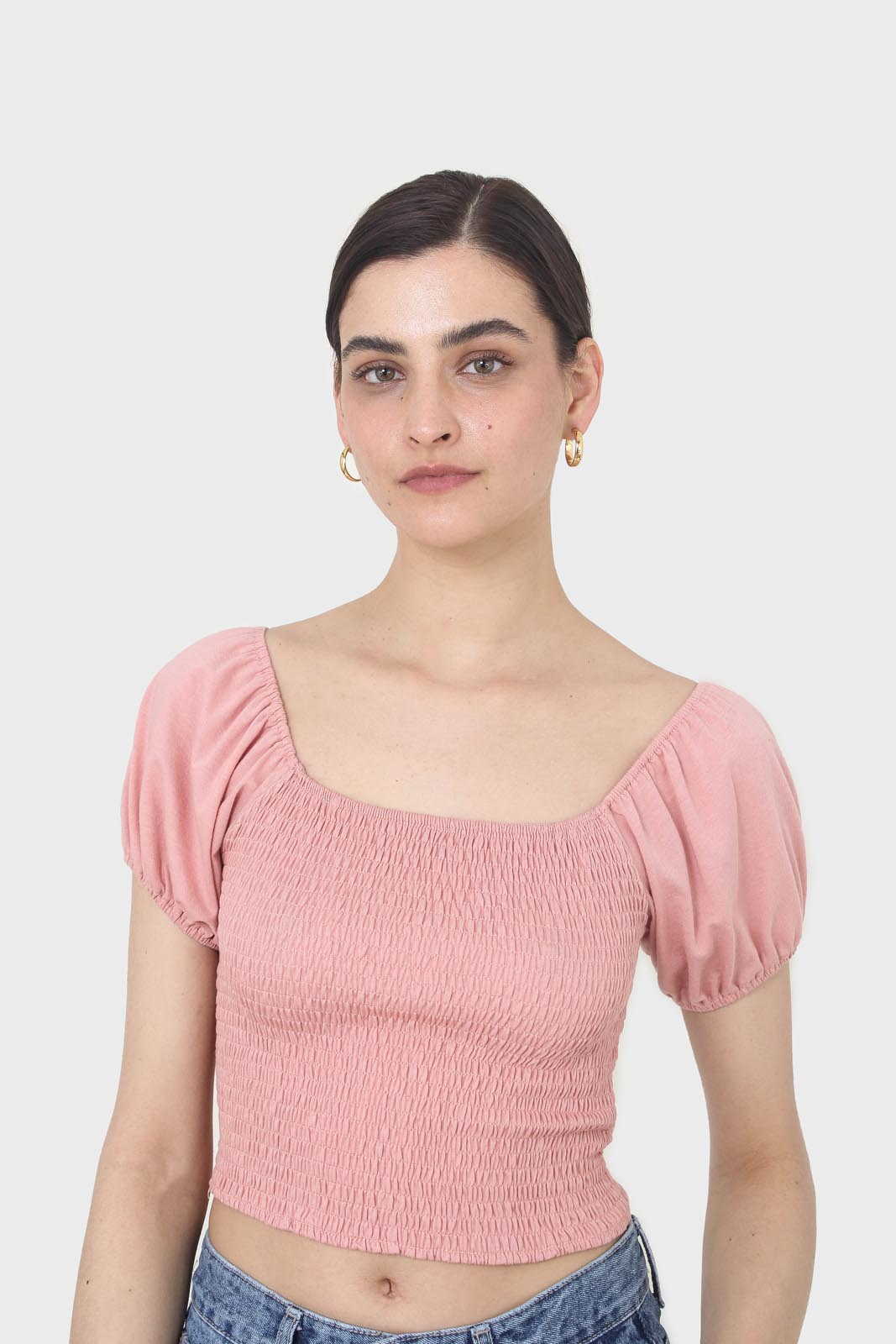 Pink ruched bodice puff sleeved top_2