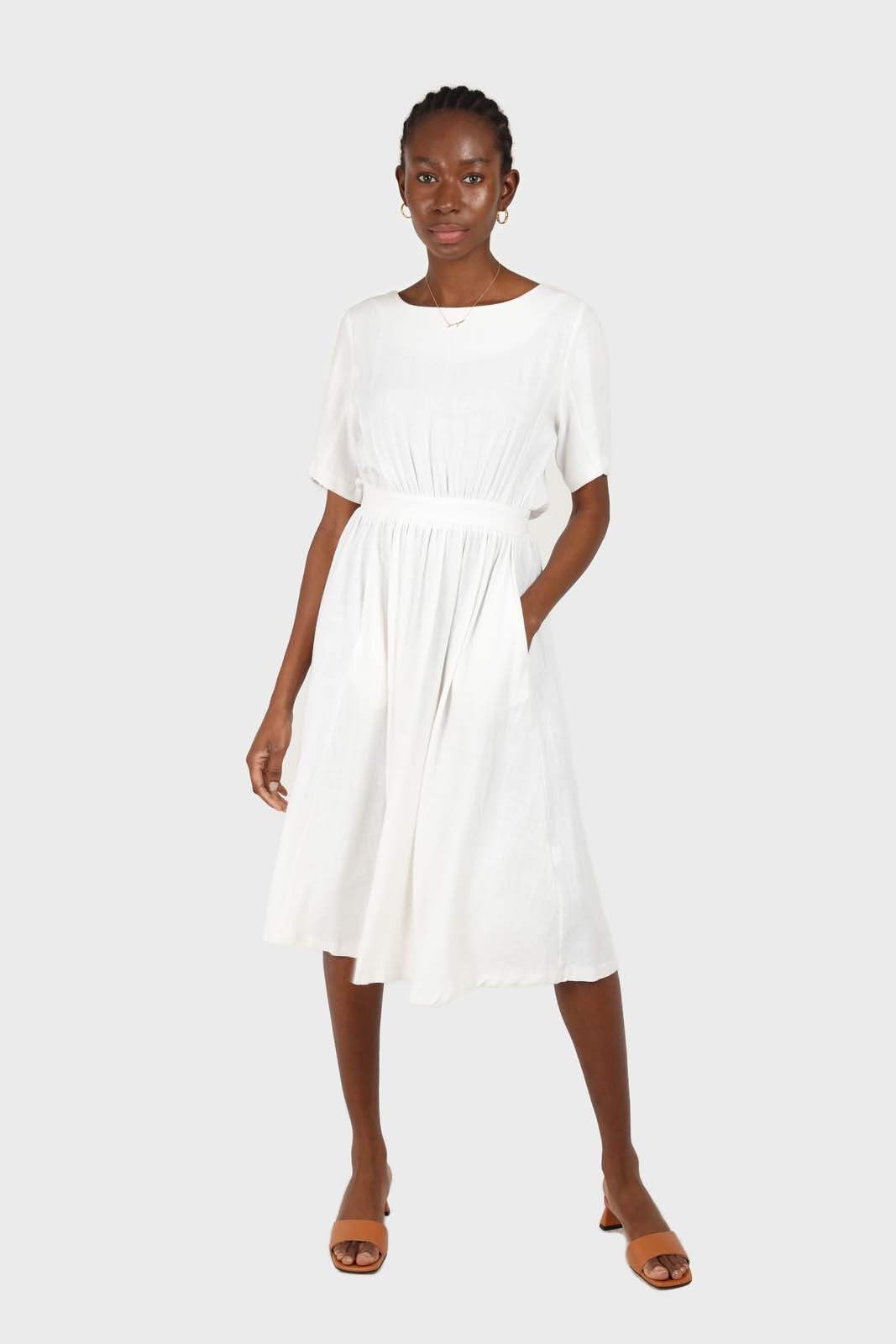 White open back button maxi linen dress_4