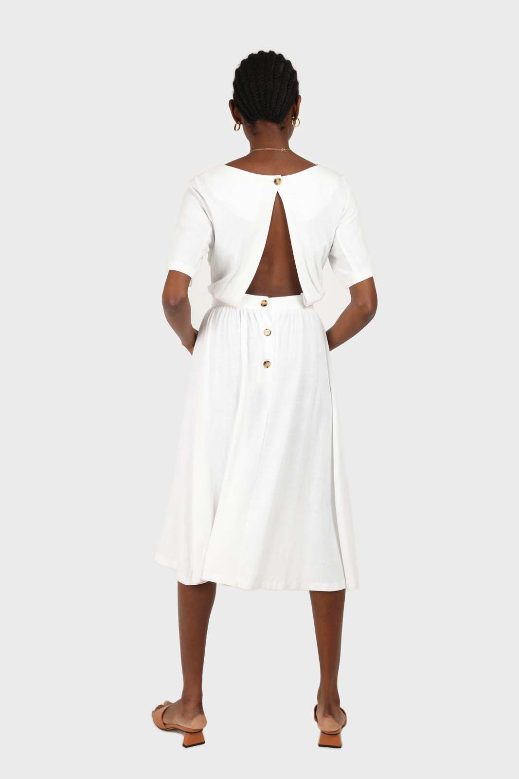White open back button maxi linen dress_2