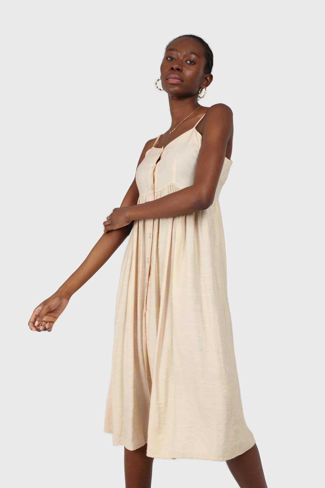 Beige button up thin strap dress_5