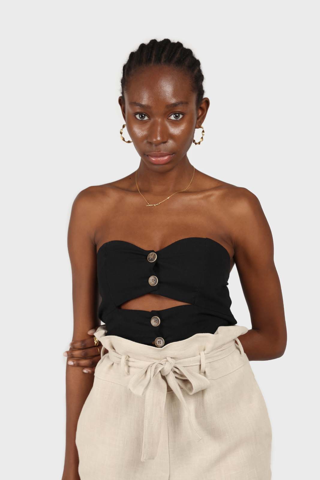 Black open button front linen bustier_1
