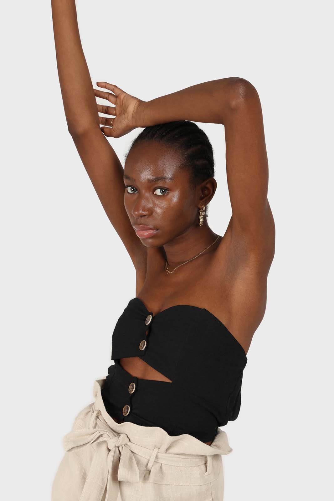 Black open button front linen bustier_2