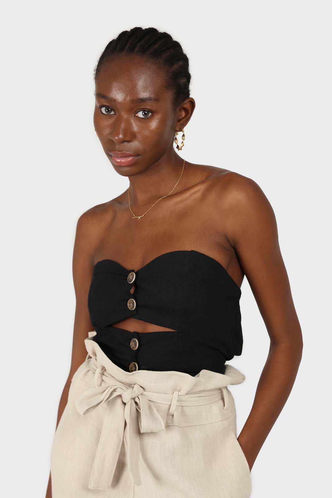 Black open button front linen bustier_4