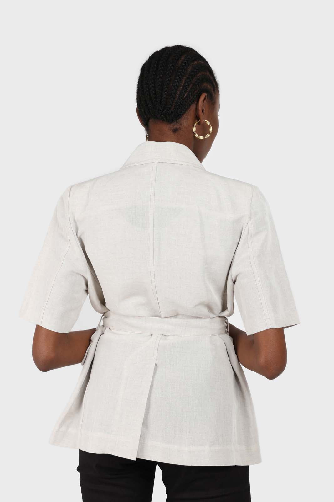 Oatmeal two button belted linen blazer_2