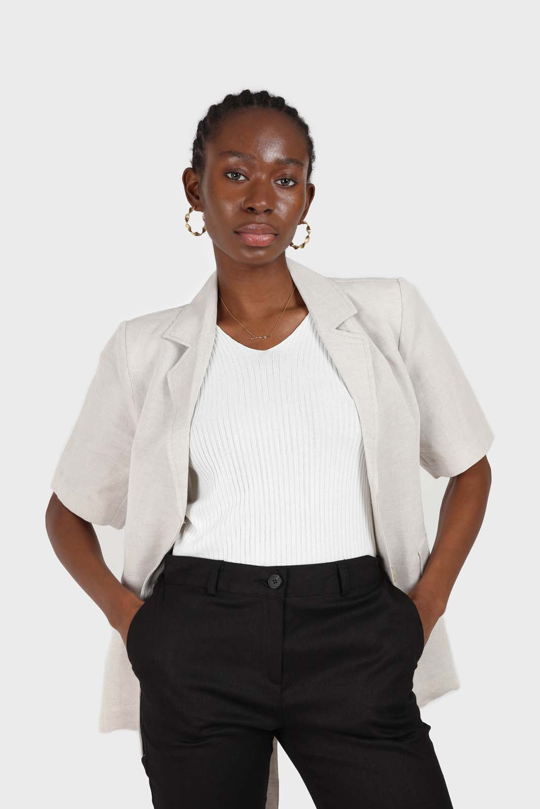 Oatmeal two button belted linen blazer_5