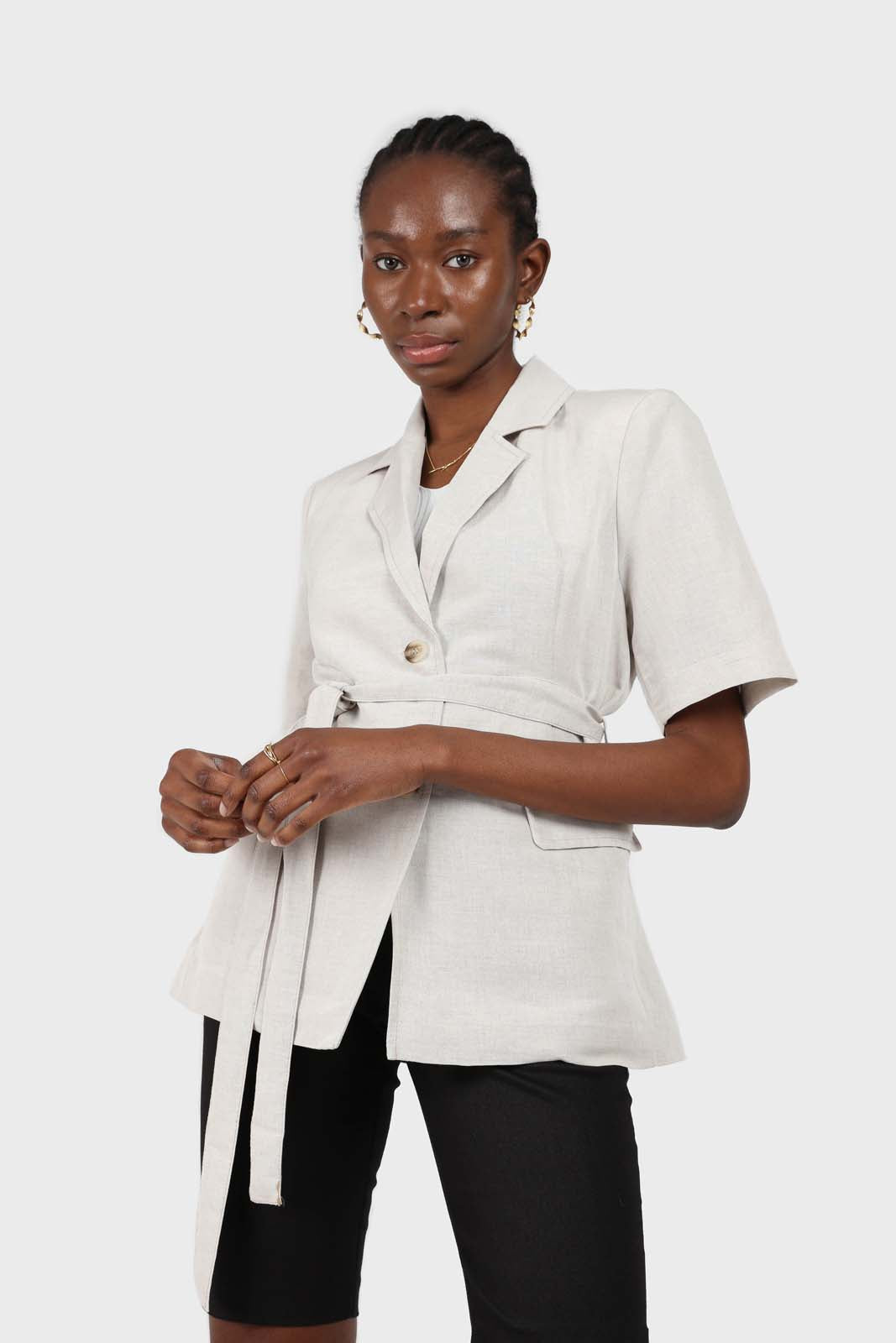 Oatmeal two button belted linen blazer_1