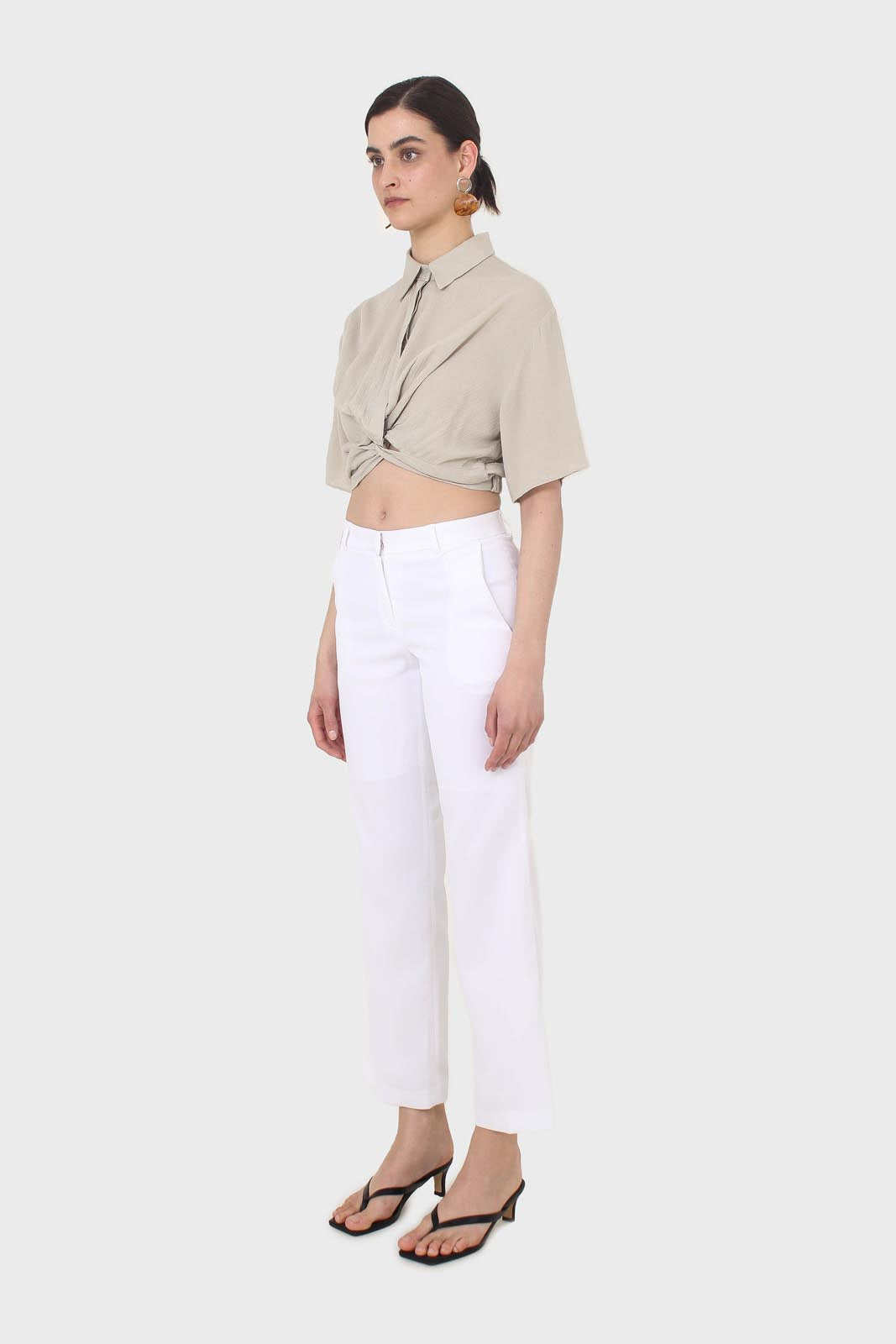 Pale khaki twist front cropped shirt_4