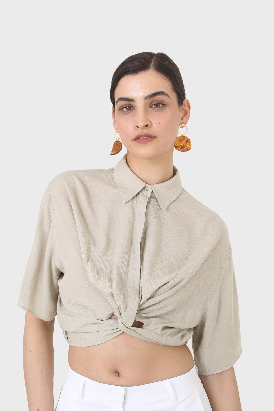 Pale khaki twist front cropped shirt_2