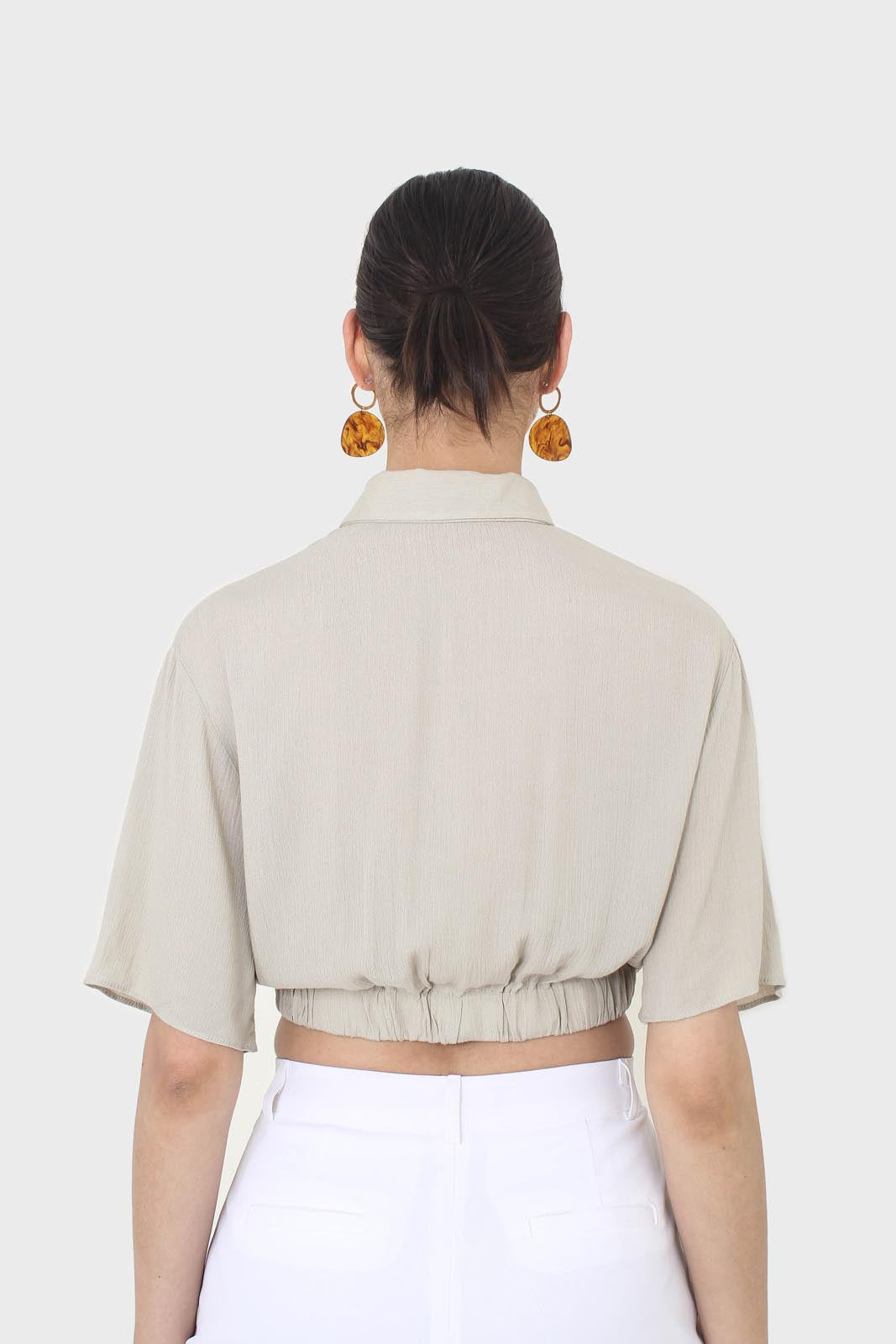 Pale khaki twist front cropped shirt_7