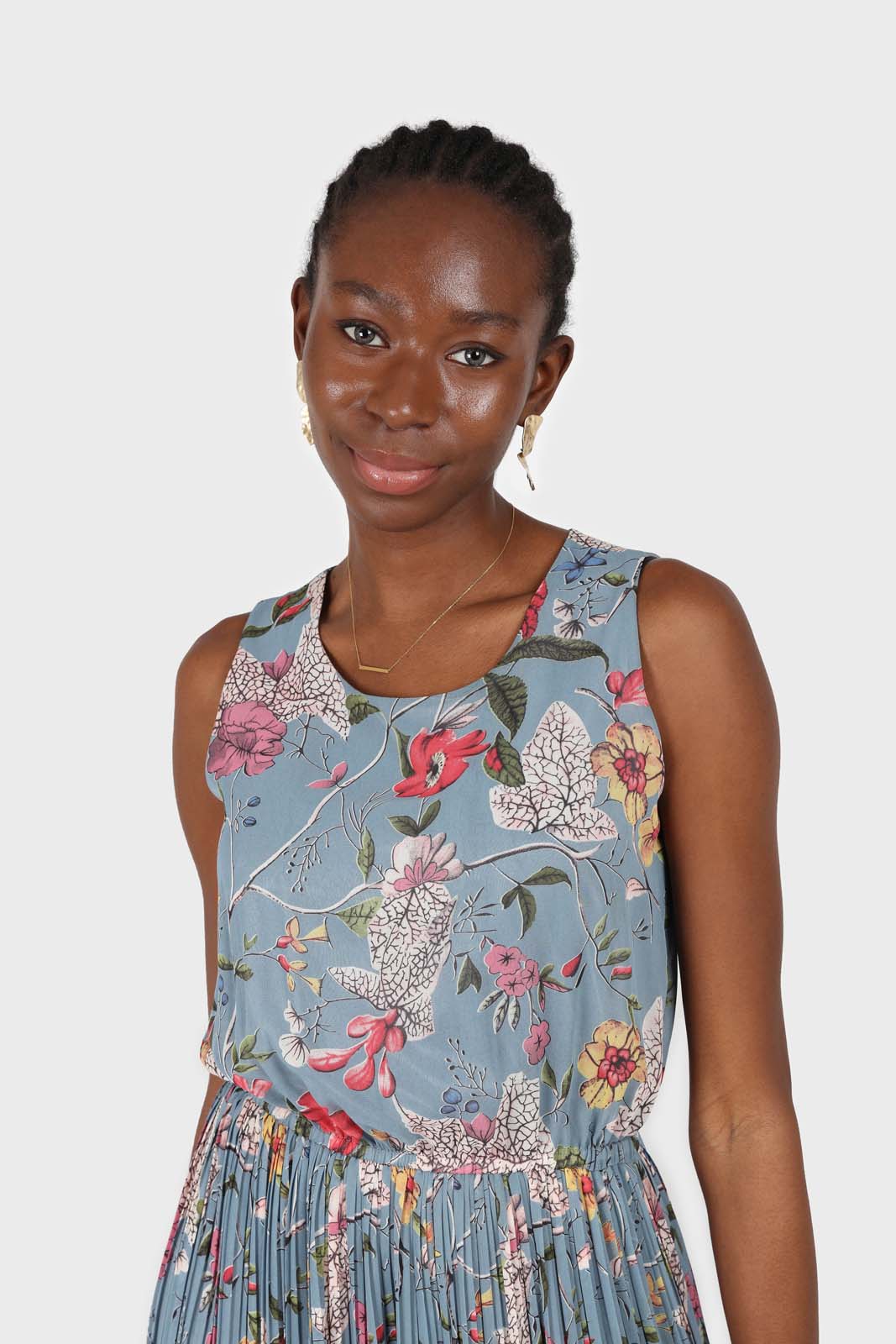 Dusty blue bright floral silky micro pleat maxi dress_2