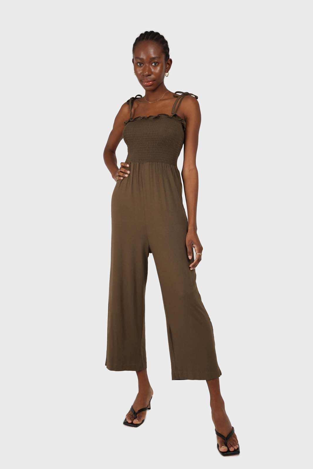 Khaki ruched bodice tie strap jumpsuit_1