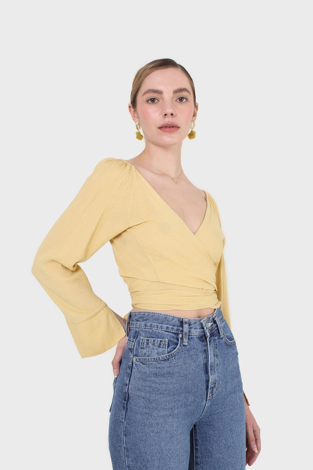Yellow tie waist open front blouse_3
