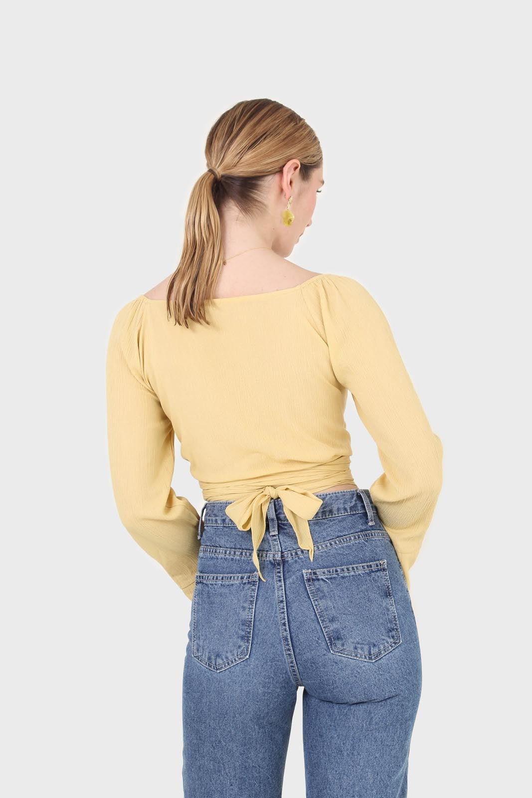 Yellow tie waist open front blouse_4
