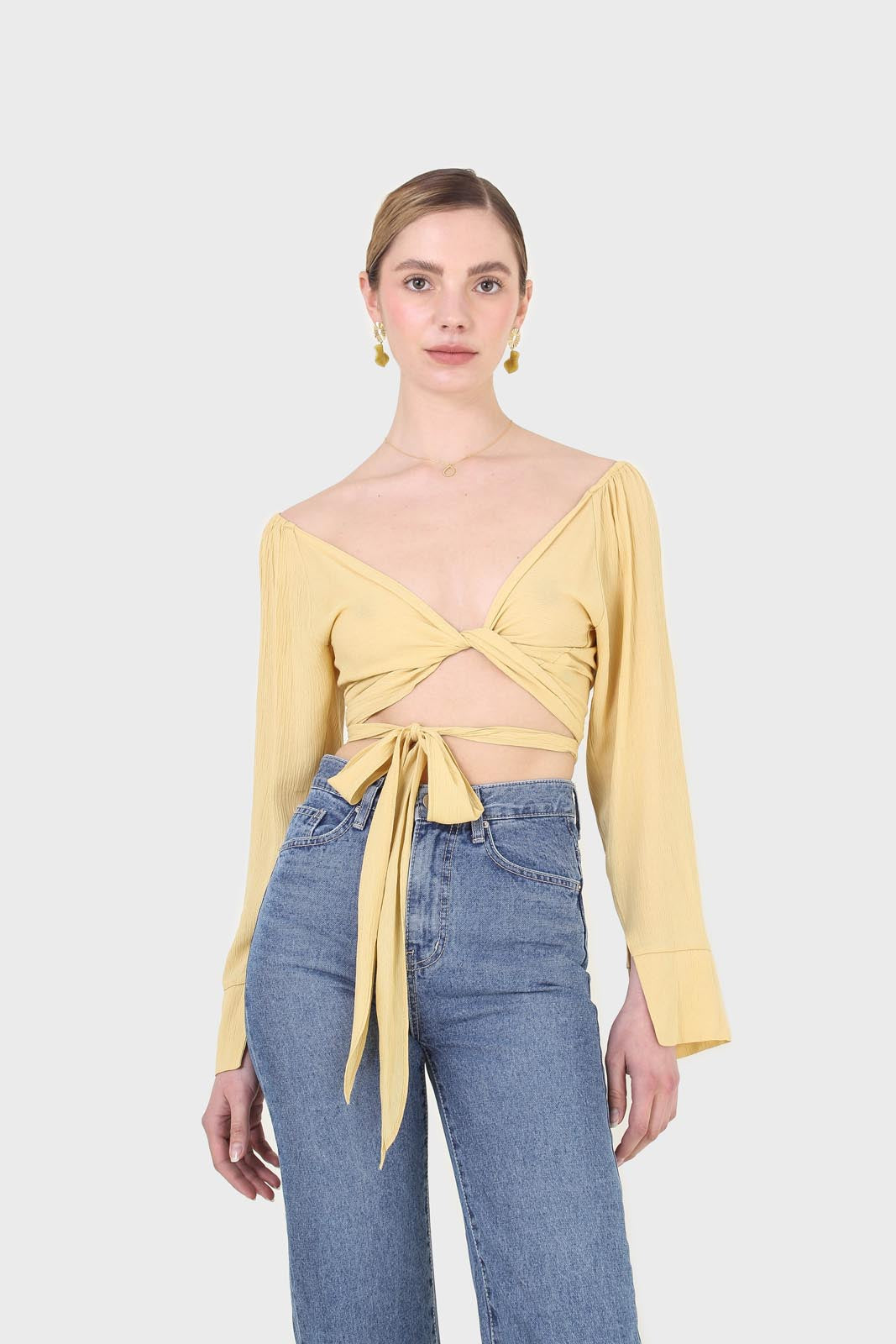 Yellow tie waist open front blouse_2