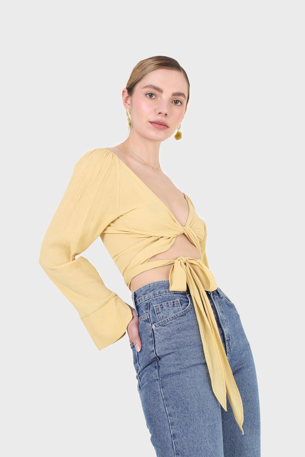 Yellow tie waist open front blouse_10