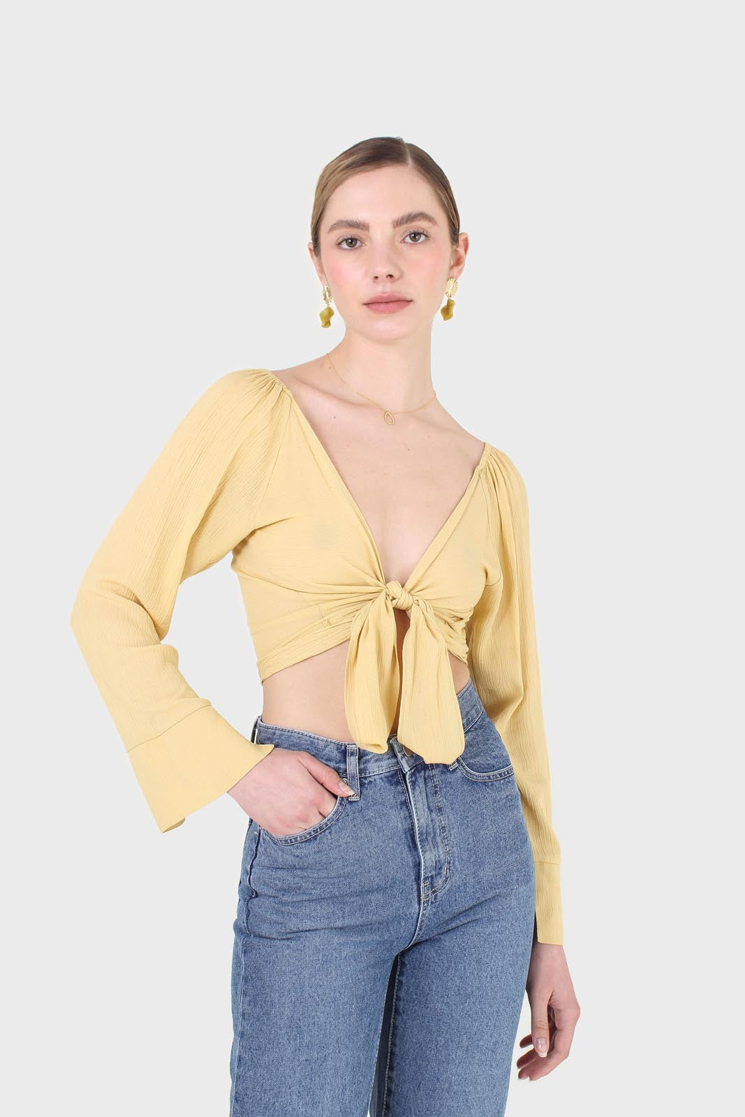 Yellow tie waist open front blouse_8